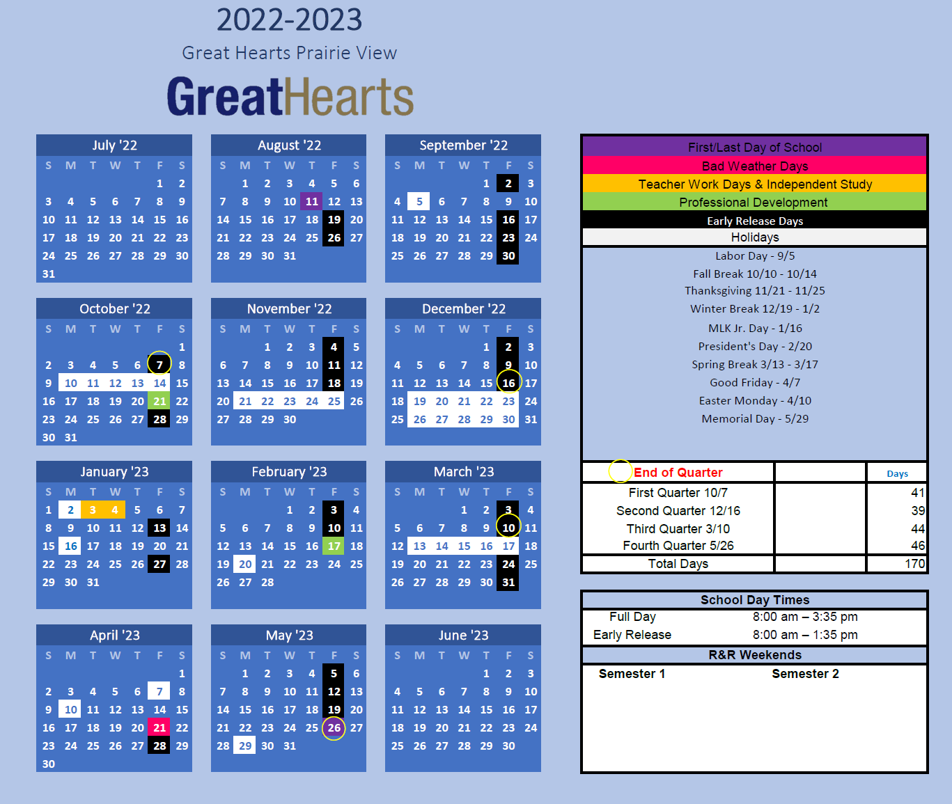Academic Calendar Great Hearts Prairie View, Expanding K8